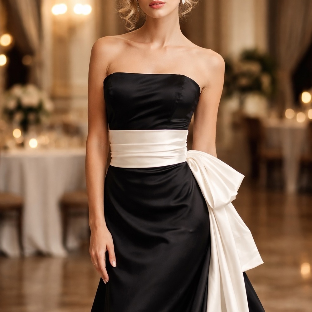 Bill Levkoff Strapless Black White Formal Gown Satin Bow Waist Maxi Sz 6